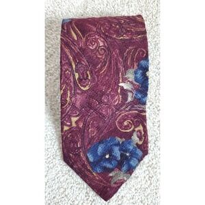 Villa Bugatti Men's Neck Tie Burgundy With Blue Flowers 100% Silk 58.5"